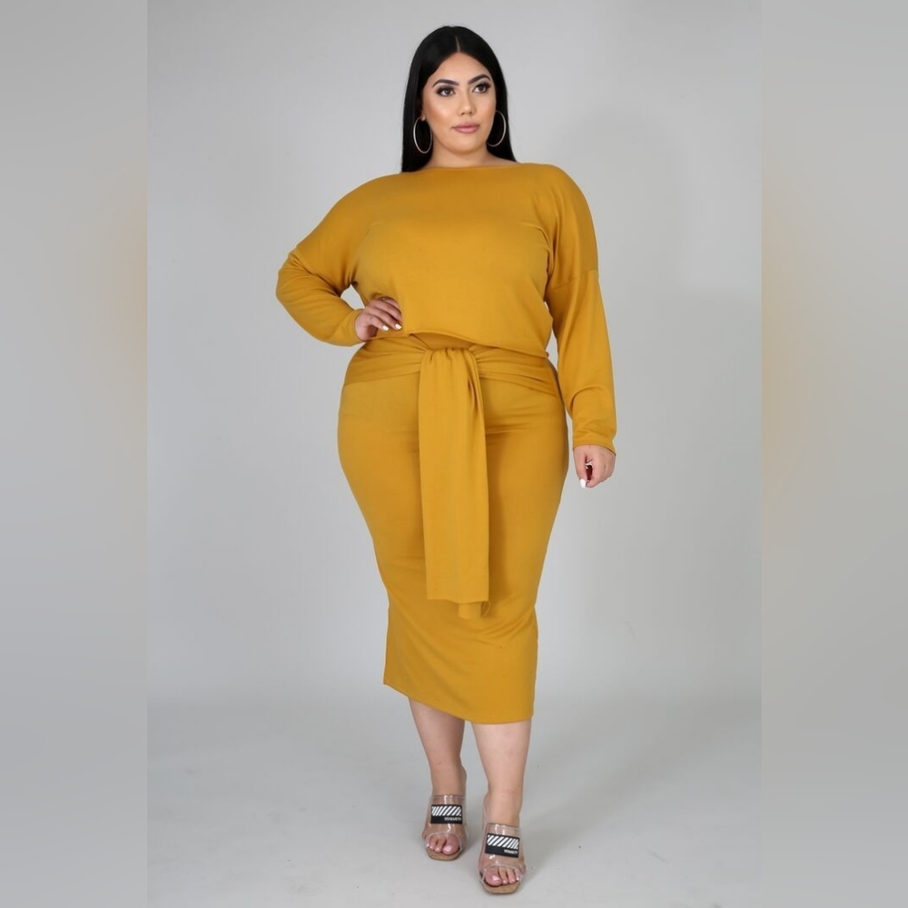 Plus Size Mustard Skirt Set | Tie Waist Midi | Stretch | 2X 3X | Date NiteOutfit